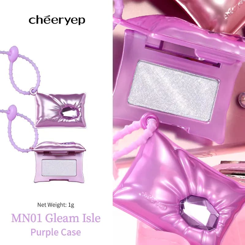 Purple Case MN01 Gleam Isle, 1 g, shown closed and open on a lilac strap beside a close-up of the silvery shimmer pan