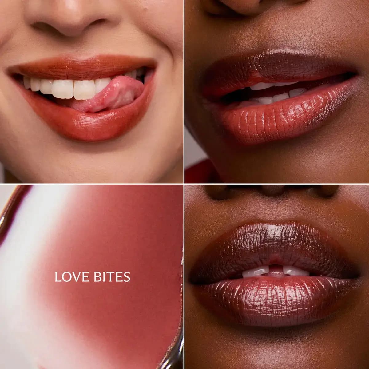 Love Bites swatch grid showing a glossy warm red-brown shade on light and deep skin tones