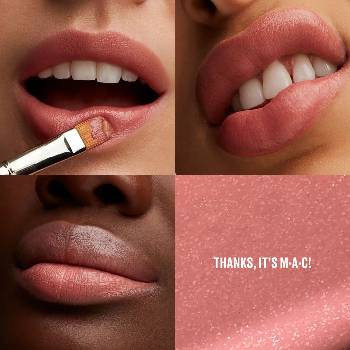 Thanks, It's M·A·C lipstick in a shimmery warm pink nude, brushed on and worn across three skin tones