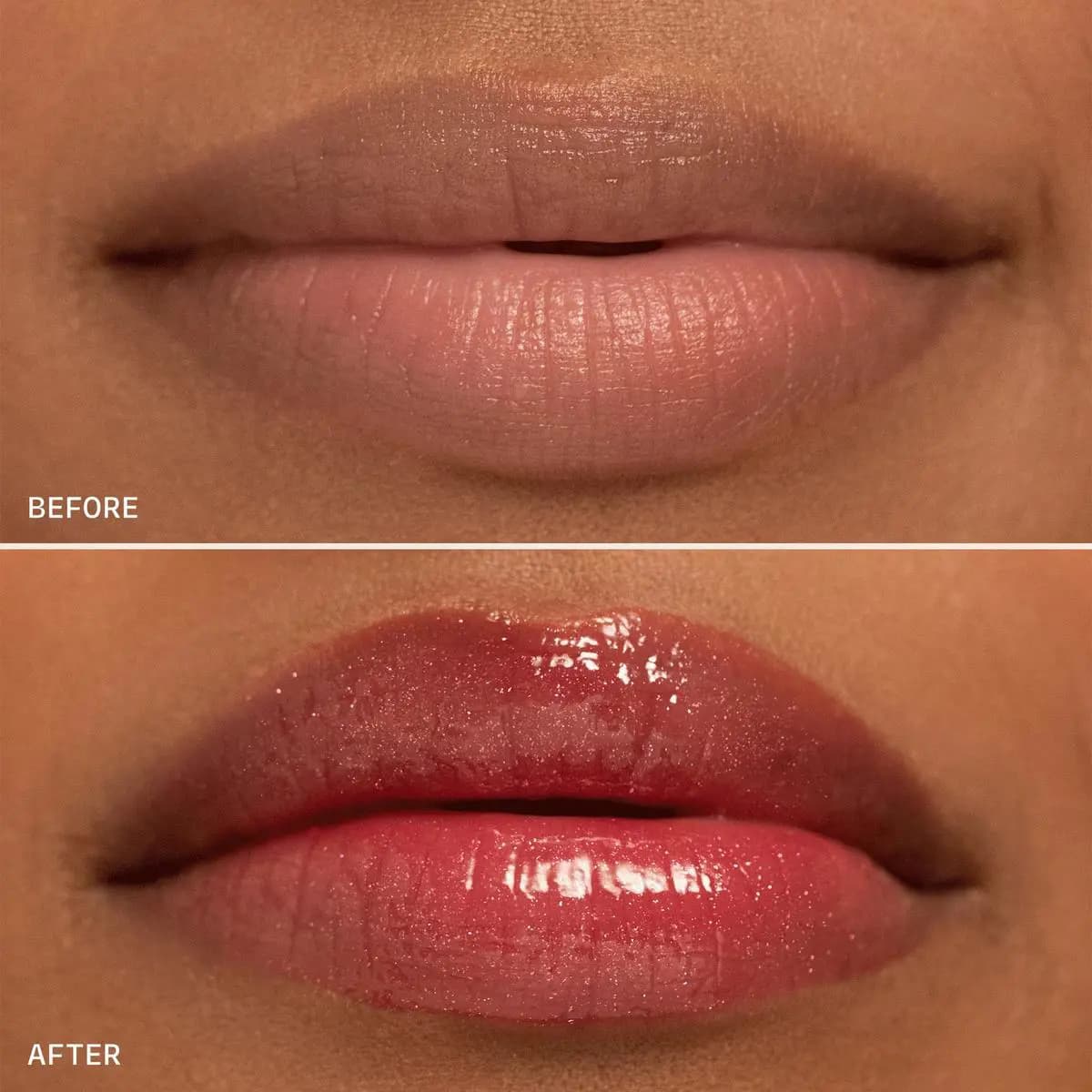 Before and after on deeper skin: bare lips, then a glossy berry-red tint with fine sparkle