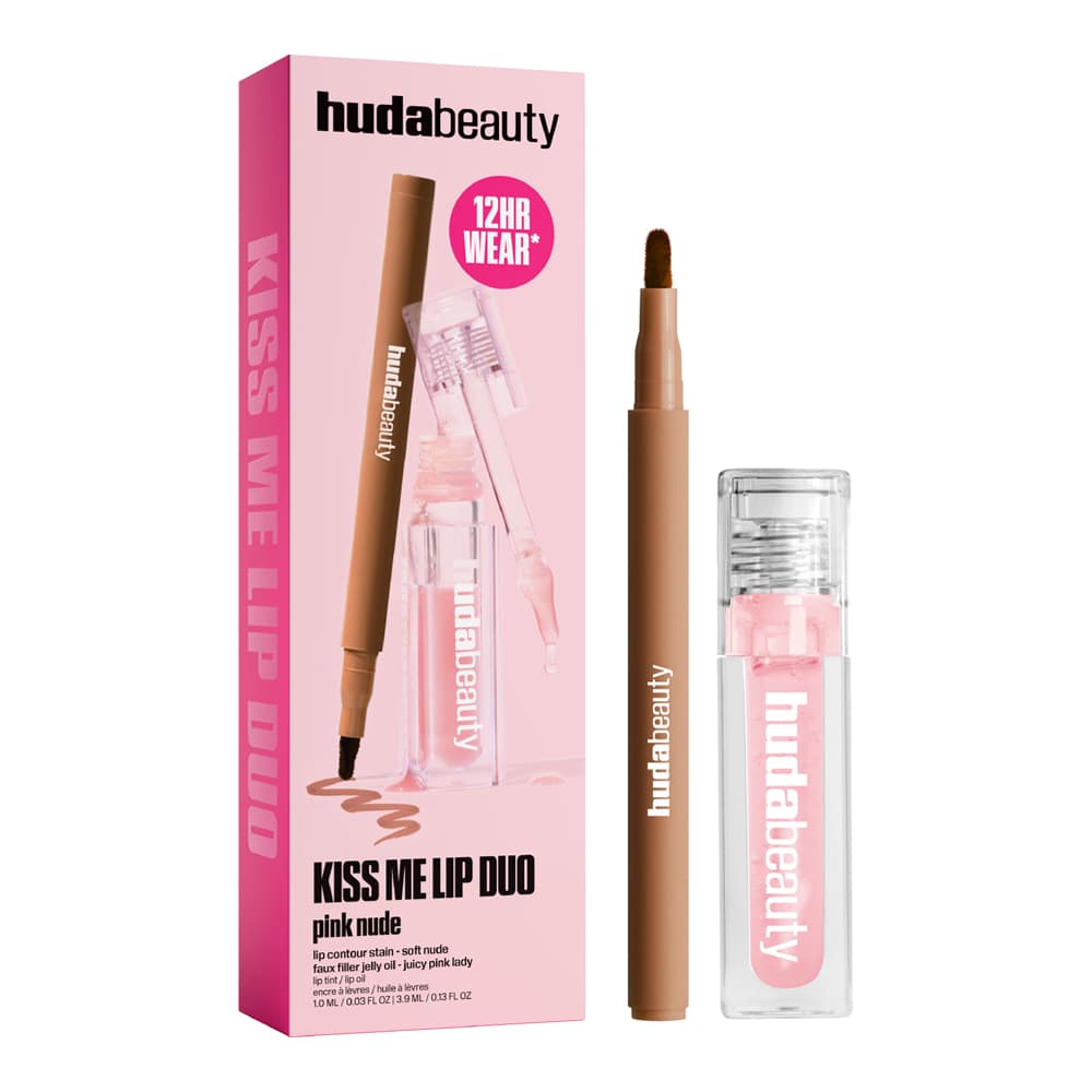 Huda Beauty Kiss Me Lip Duo pink nude box with 12HR wear badge, brown lip stain pen and pink lip oil