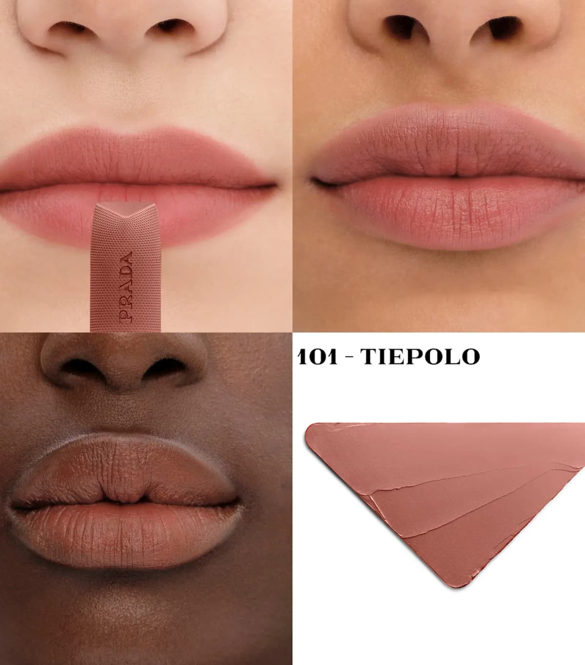 101 - Tiepolo matte nude-rose lipstick on three skin tones with a triangular bullet swatch