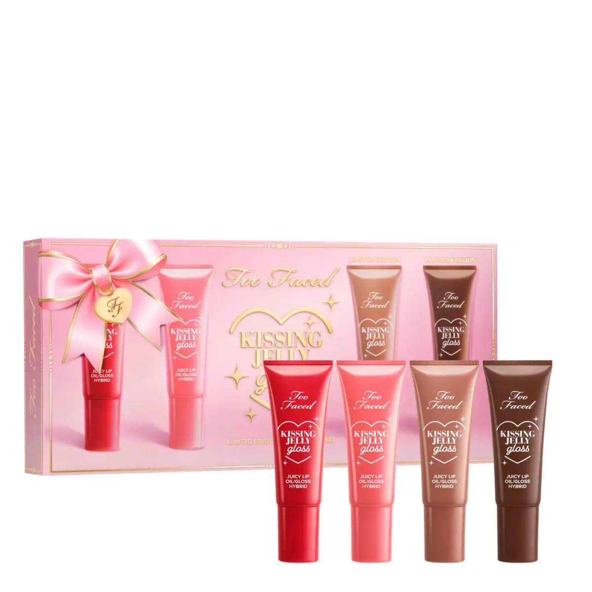 Kissing Jelly Gloss quad set with pink gift box and four mini lip oil tubes in red, coral, nude and brown.