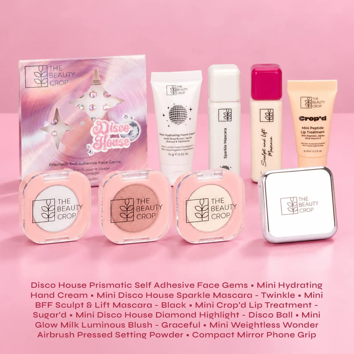Disco House face gems, mini hand cream, two mascaras, Crop'd lip treatment, three pink-cased powders and a mirror compact.