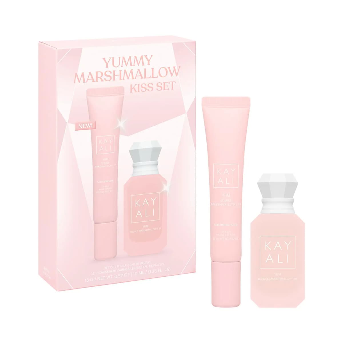 Pink Yummy Marshmallow Kiss Set box beside the Boujee Marshmallow | 81 lip balm tube and 10ml perfume bottle