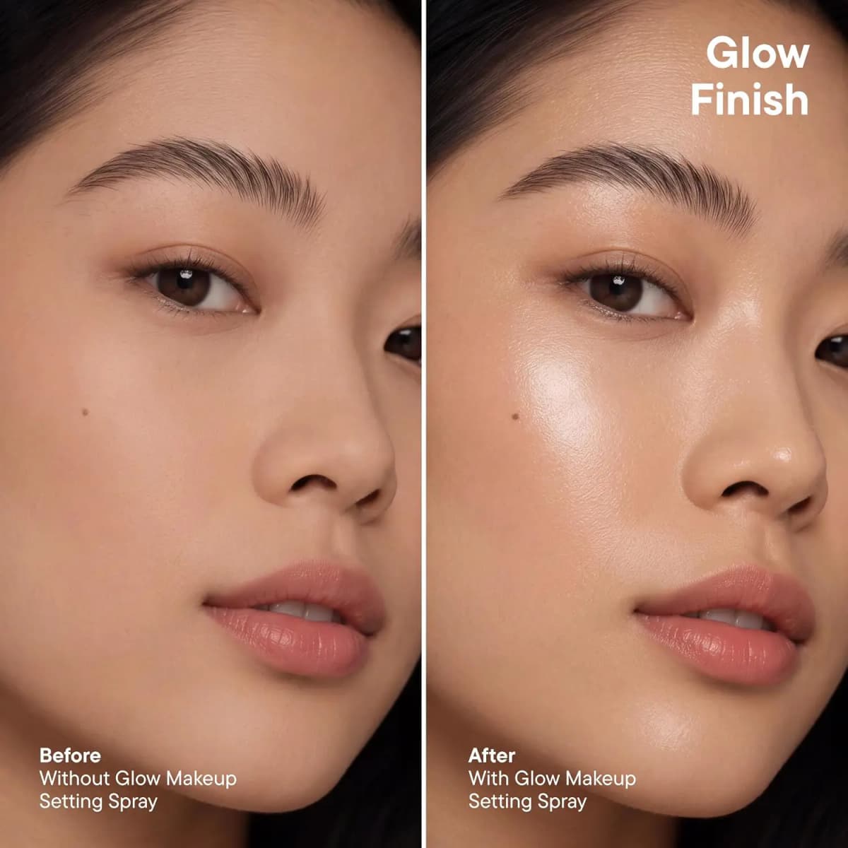 Before-and-after close-up of a woman's cheek, satin skin turning dewy and luminous with Glow setting spray