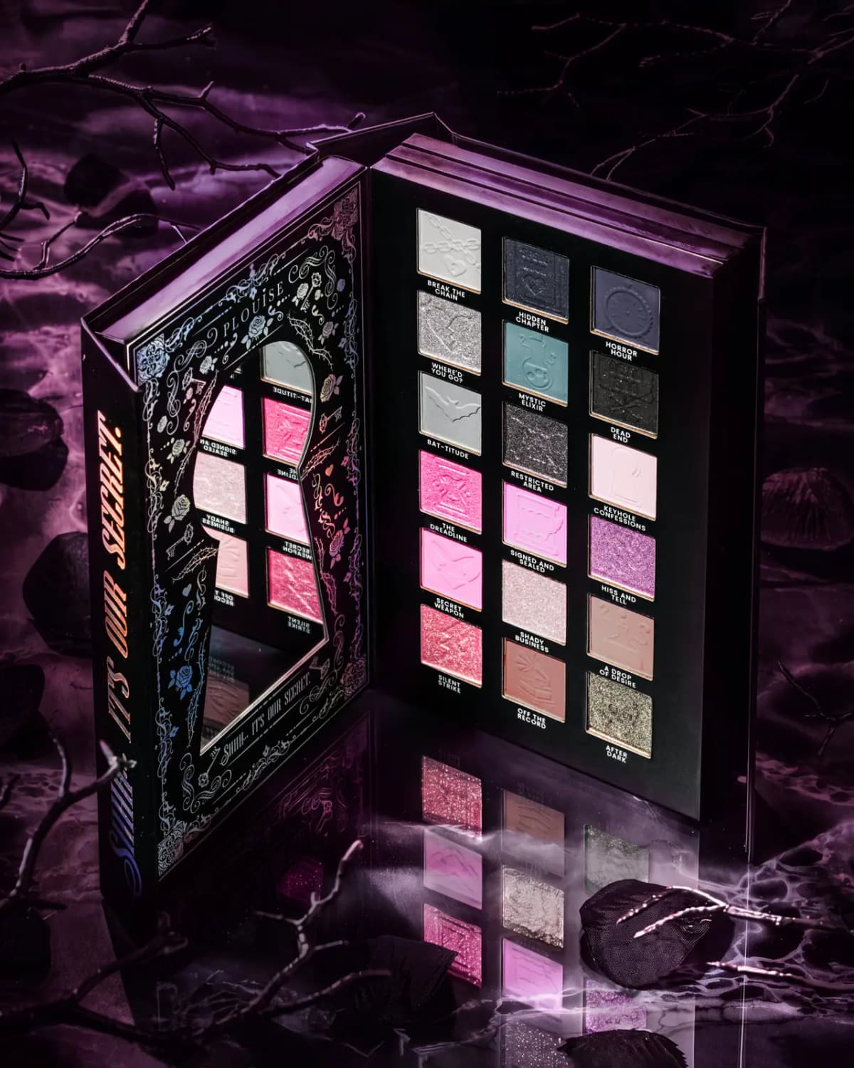 Secrets In The Shadows palette open to a keyhole mirror and grey, pink, purple and silver eyeshadow shades