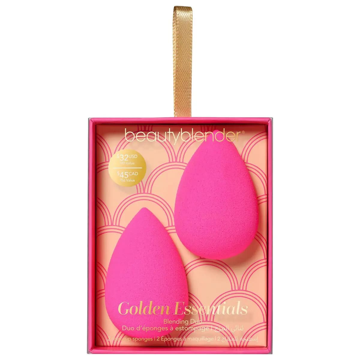 Golden Essentials Blending Duo box with two pink sponges, peach scalloped backdrop and gold hanging ribbon