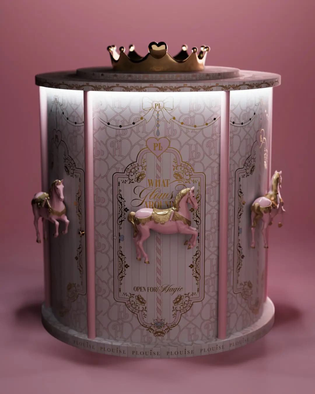 P.Louise What Glows Around 2026 Advent Calendar lit up, with glowing panels between the carousel horses