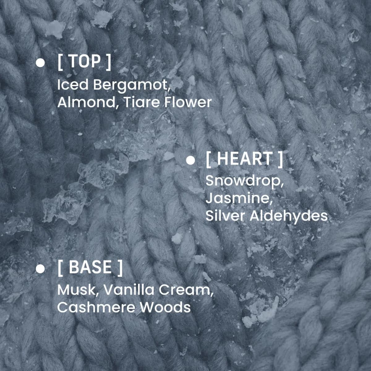 Notes chart over icy blue chunky knit: iced bergamot top, snowdrop and jasmine heart, musk and cashmere woods base.