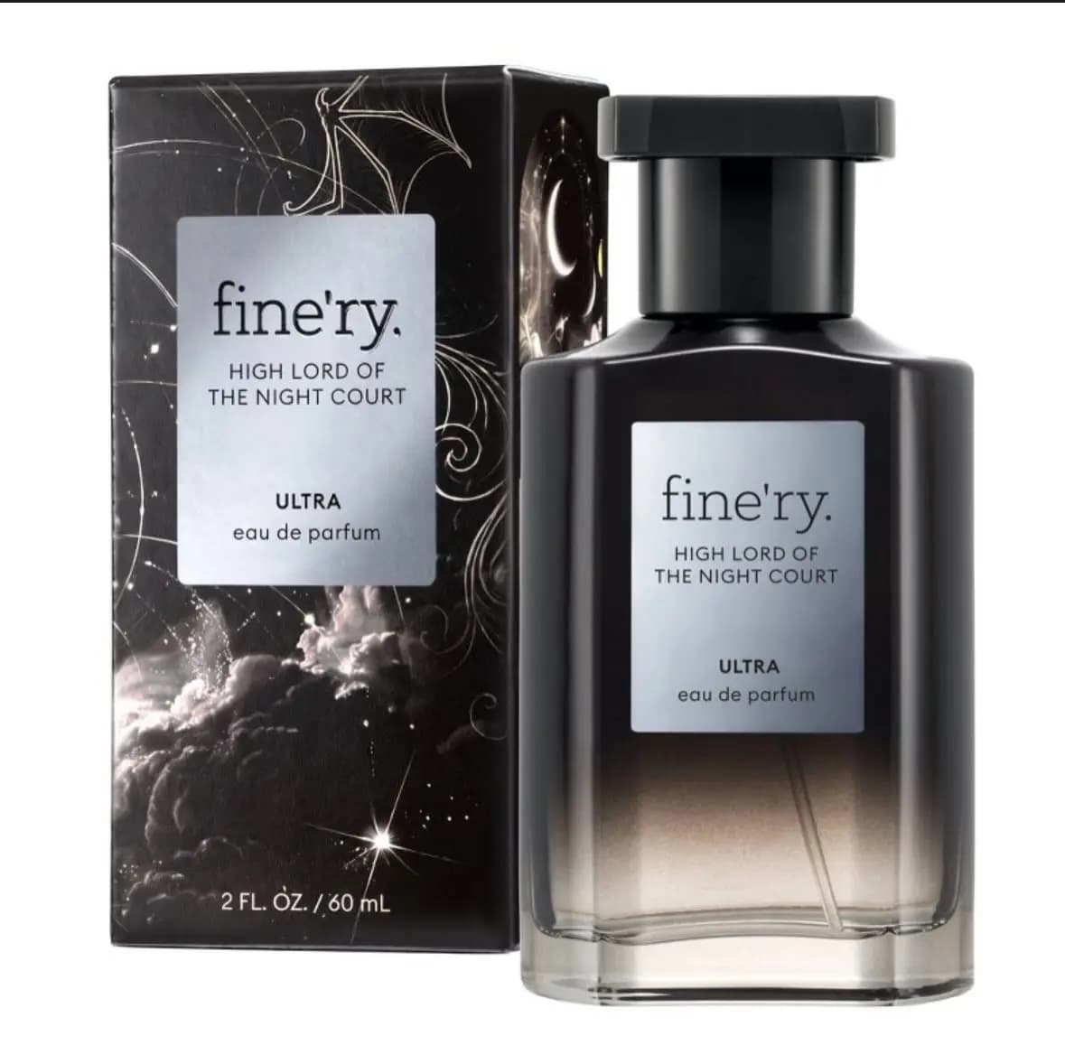 Black-to-clear gradient High Lord of the Night Court Ultra bottle with silver label beside black box with bat wing art