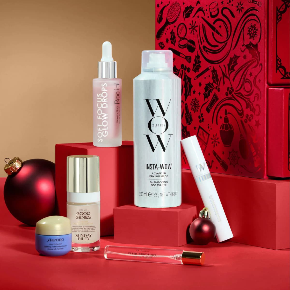 Rodial Glow Drops, Color Wow Insta-Wow, Shiseido cream, Good Genes and Ex Nihilo Fleur Narcotique on red risers