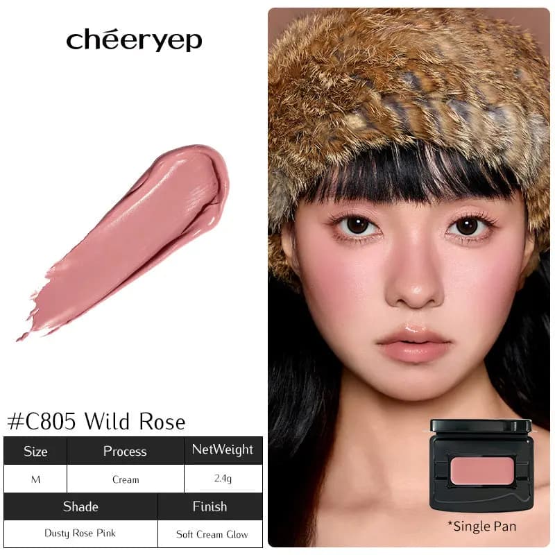 C805 Wild Rose dusty rose pink swatch beside a model in a fur hat with soft dusty rose cheeks