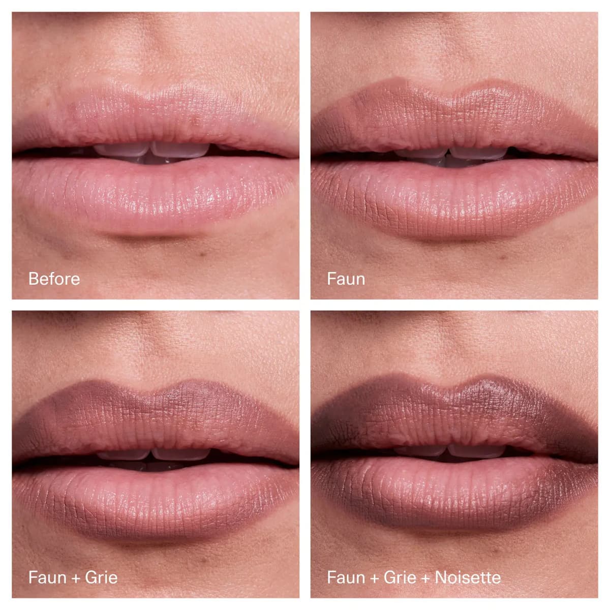 Four-panel lip close-up on fair skin: bare, Faun, Faun + Grie, and Faun + Grie + Noisette for a deepening contour