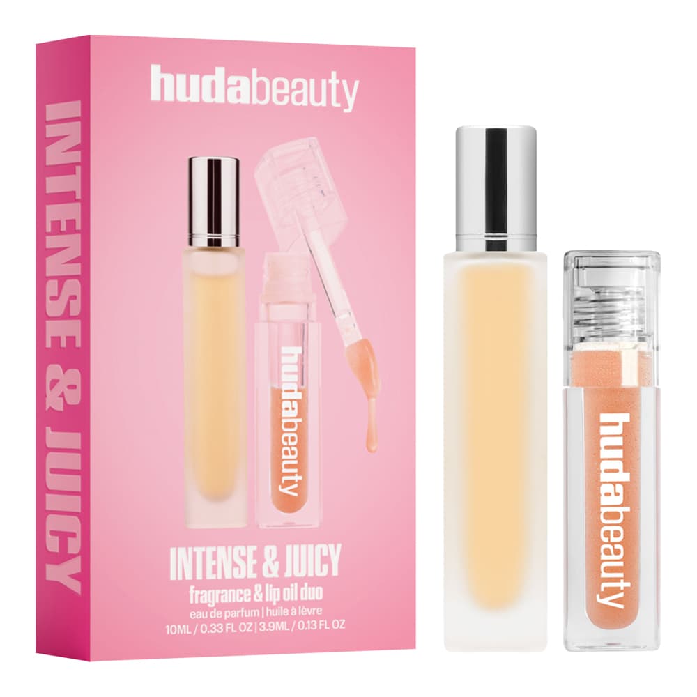 Huda Beauty Intense & Juicy box with frosted fragrance bottle and peach shimmer lip oil