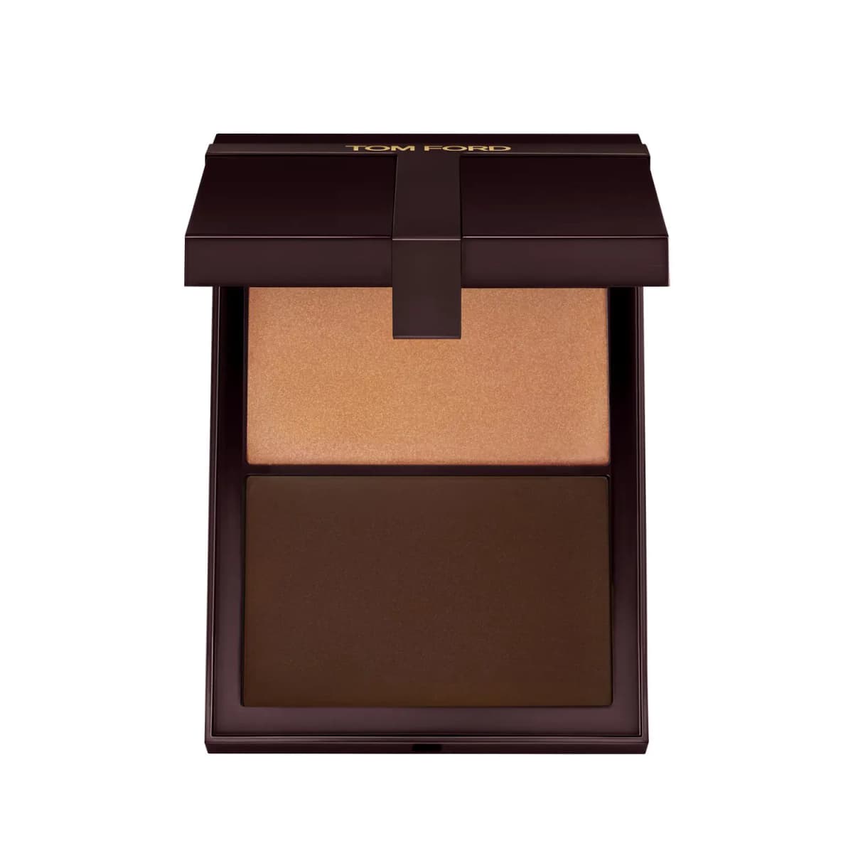 Open Tom Ford contour duo with a shimmering bronze-peach highlighter above a deep espresso-brown contour