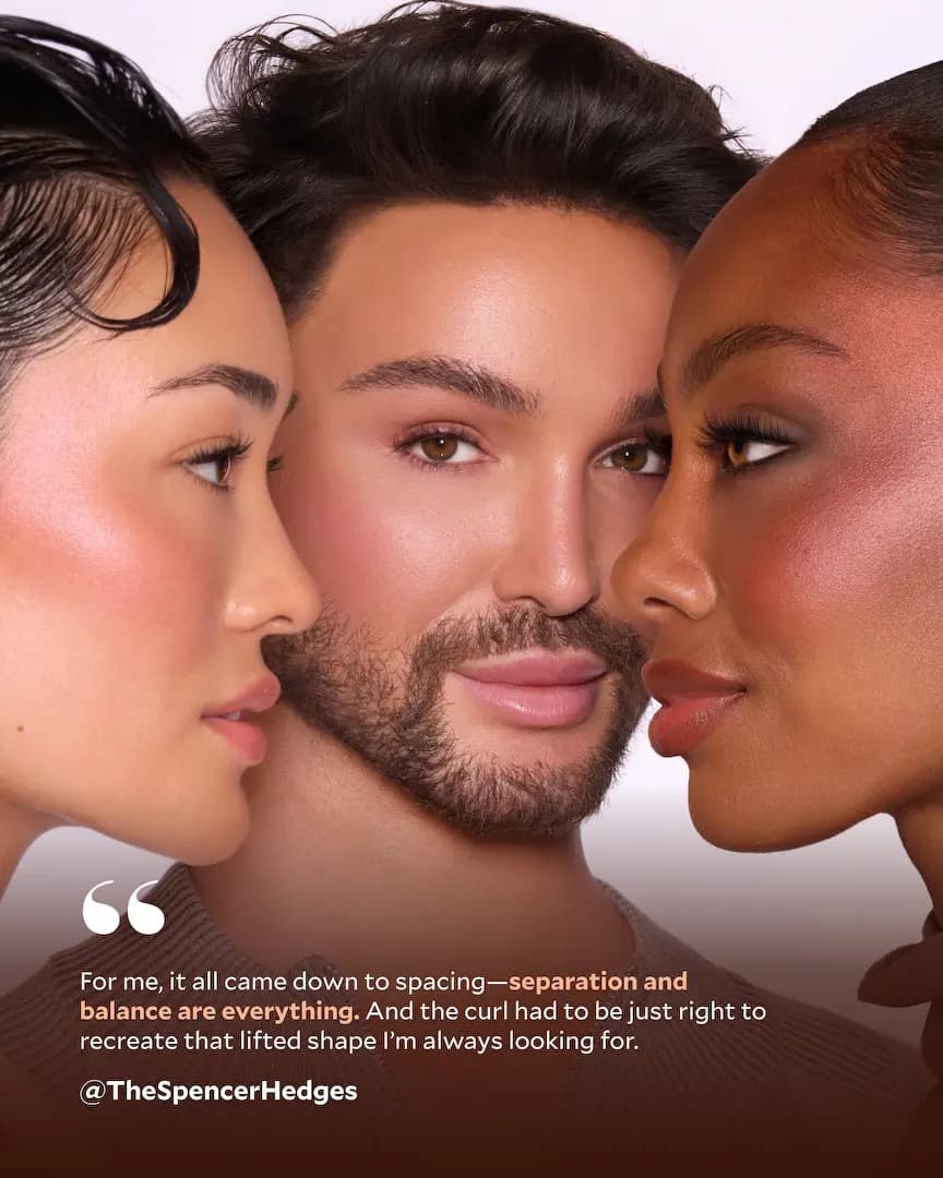 Spencer Hedges posed between two models with flushed cheeks and wispy lashes, with a quote from Spencer Hedges on spacing
