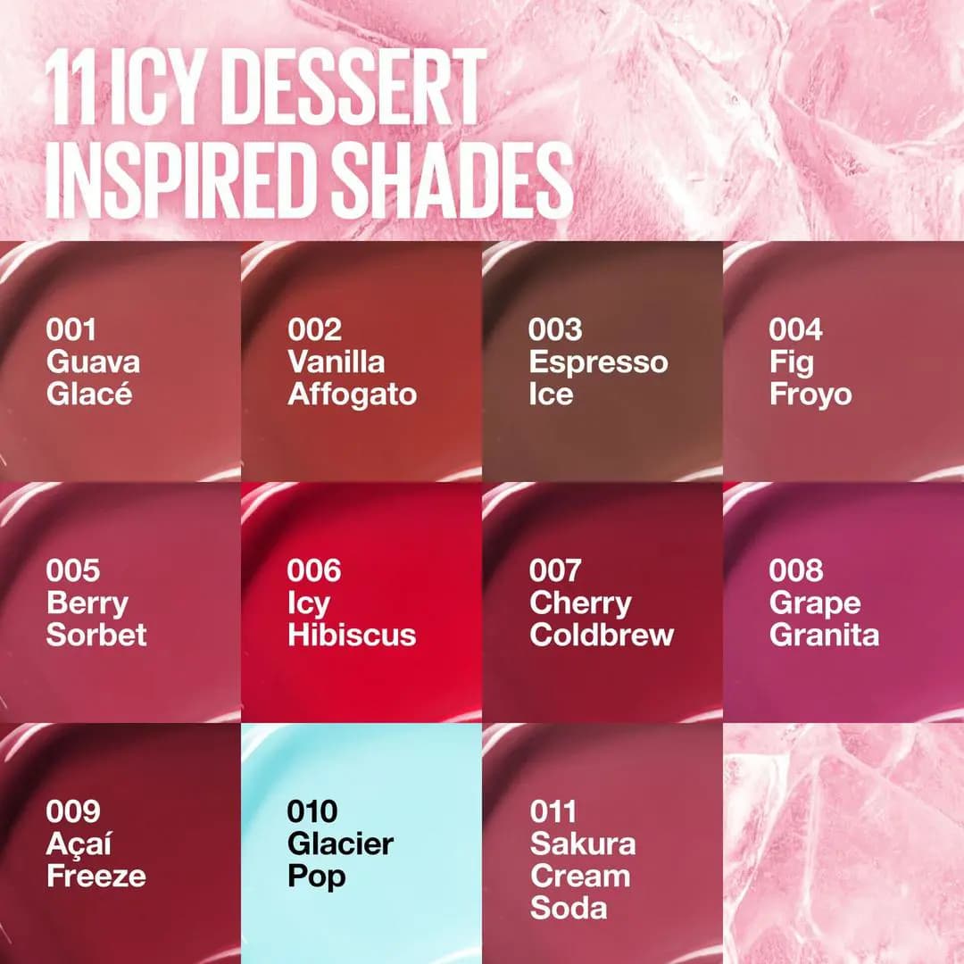 Grid of 11 icy dessert shade swatches from Guava Glacé and Espresso Ice to pale blue Glacier Pop