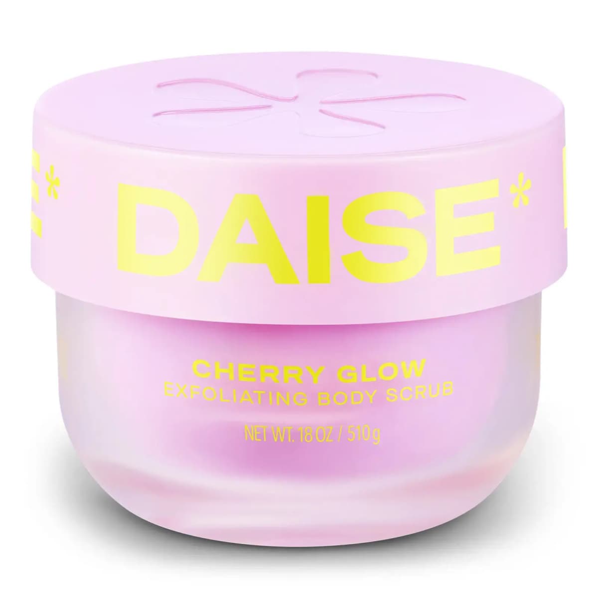 Mini Brands miniature replica of the pink Daise Cherry Glow Exfoliating Body Scrub jar, 510 g, with flower-embossed lid and yellow lettering
