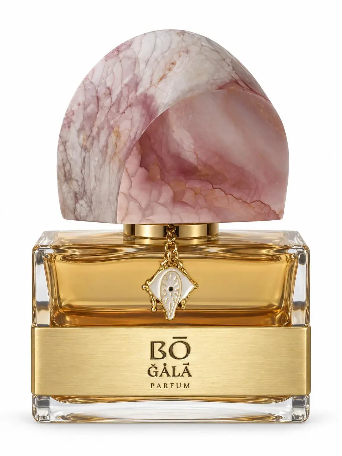 White Gala Parfum bottle with pink and white veined jasper cap, white enamel charm and brushed gold base