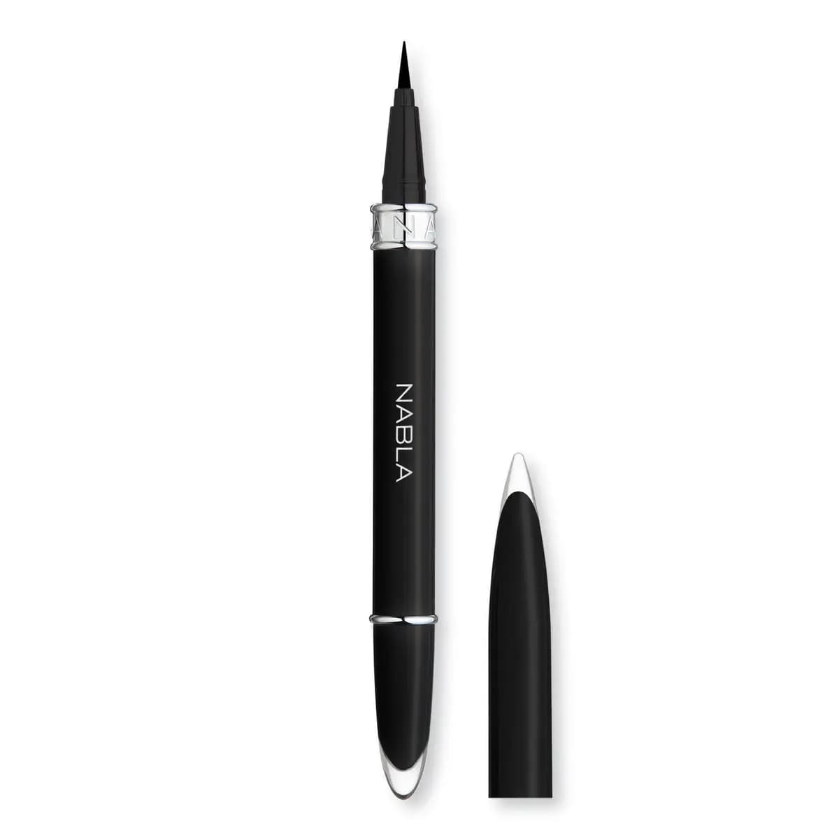 Black NABLA liquid liner pen with a fine felt tip and silver bands, cap set alongside