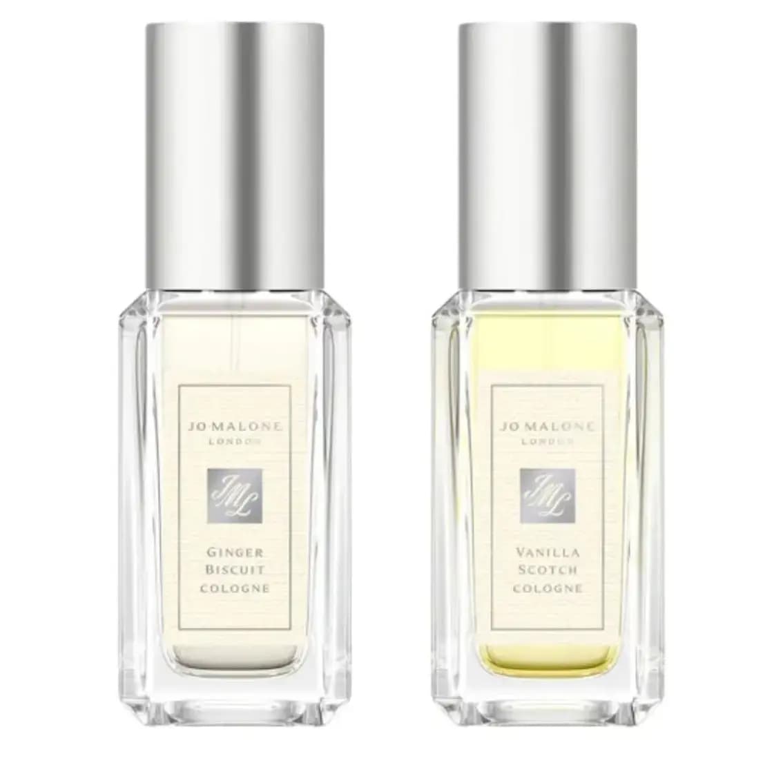Close-up of two Jo Malone London 9 mL cologne bottles with silver caps: pale Ginger Biscuit and golden Vanilla Scotch