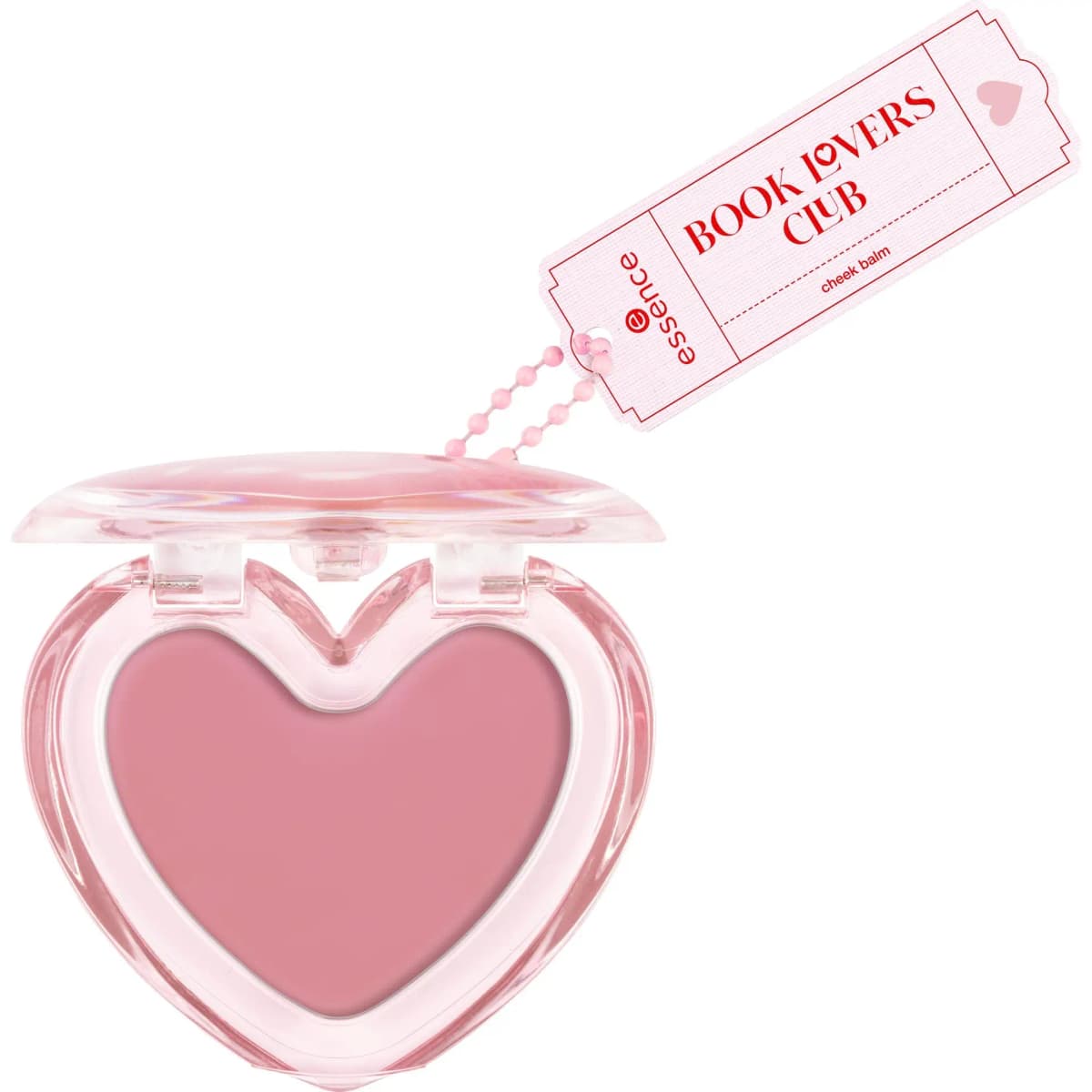Open heart-shaped cheek balm compact in mauve pink with a ticket tag on a pink bead chain