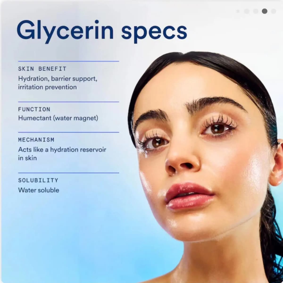 Glycerin specs panel listing benefit, function, mechanism and solubility beside a model with dewy, glowing skin