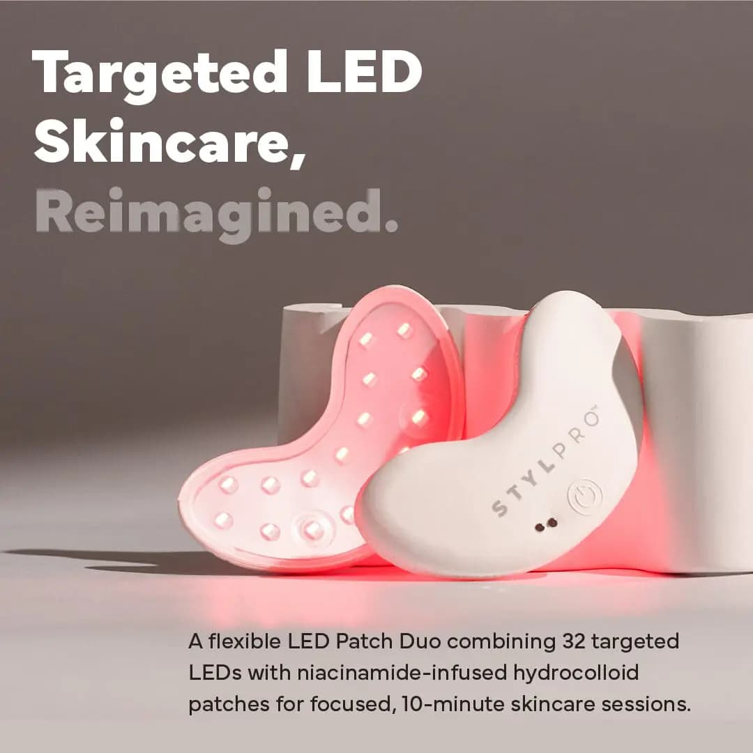 One STYLPRO patch showing its glowing red LED underside beside a white patch, with Targeted LED Skincare headline