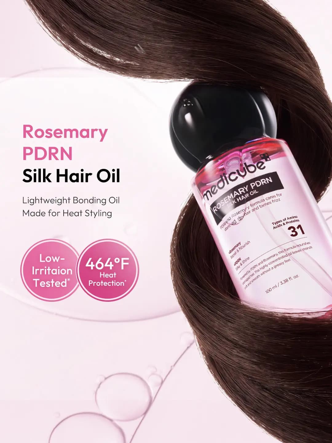 Medicube Rosemary PDRN Silk Hair Oil pink bottle with black ball cap wrapped in glossy brown hair, with 464°F heat badge