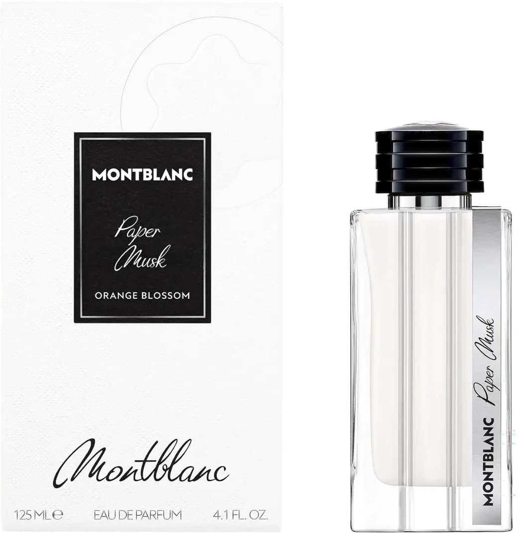 Montblanc Paper Musk 125 ml Eau de Parfum bottle beside its white box labelled Orange Blossom