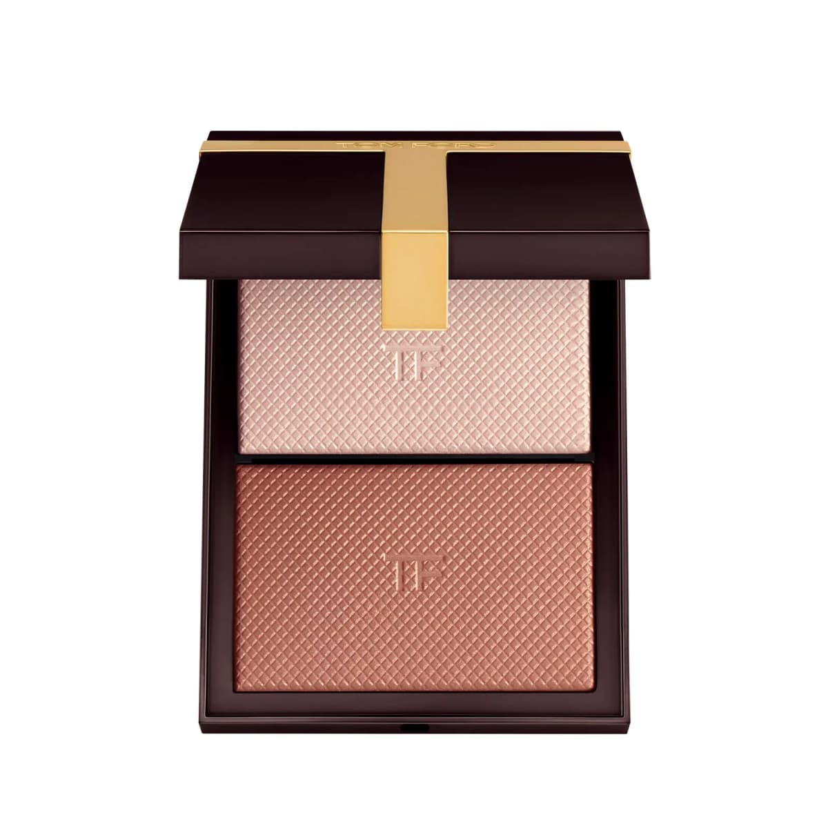 Open Tom Ford compact with a soft pink shimmer above a rosy-copper powder, both pans embossed with the TF logo.