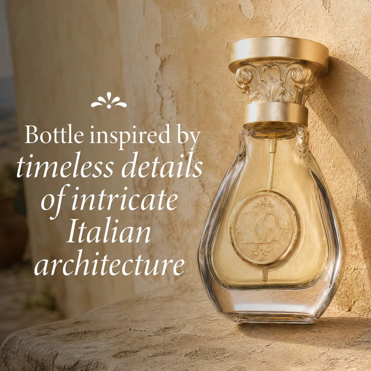 Tuscan Sun bottle on a sunlit plaster ledge with text about Italian architecture-inspired design