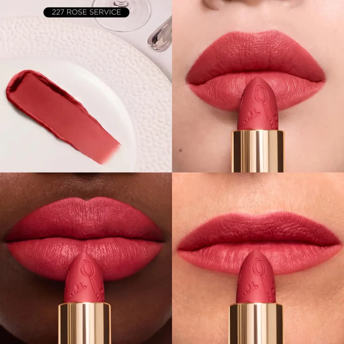 227 Rose Service matte lipstick in coral pink, swatched on a plate and shown on lips of three skin tones