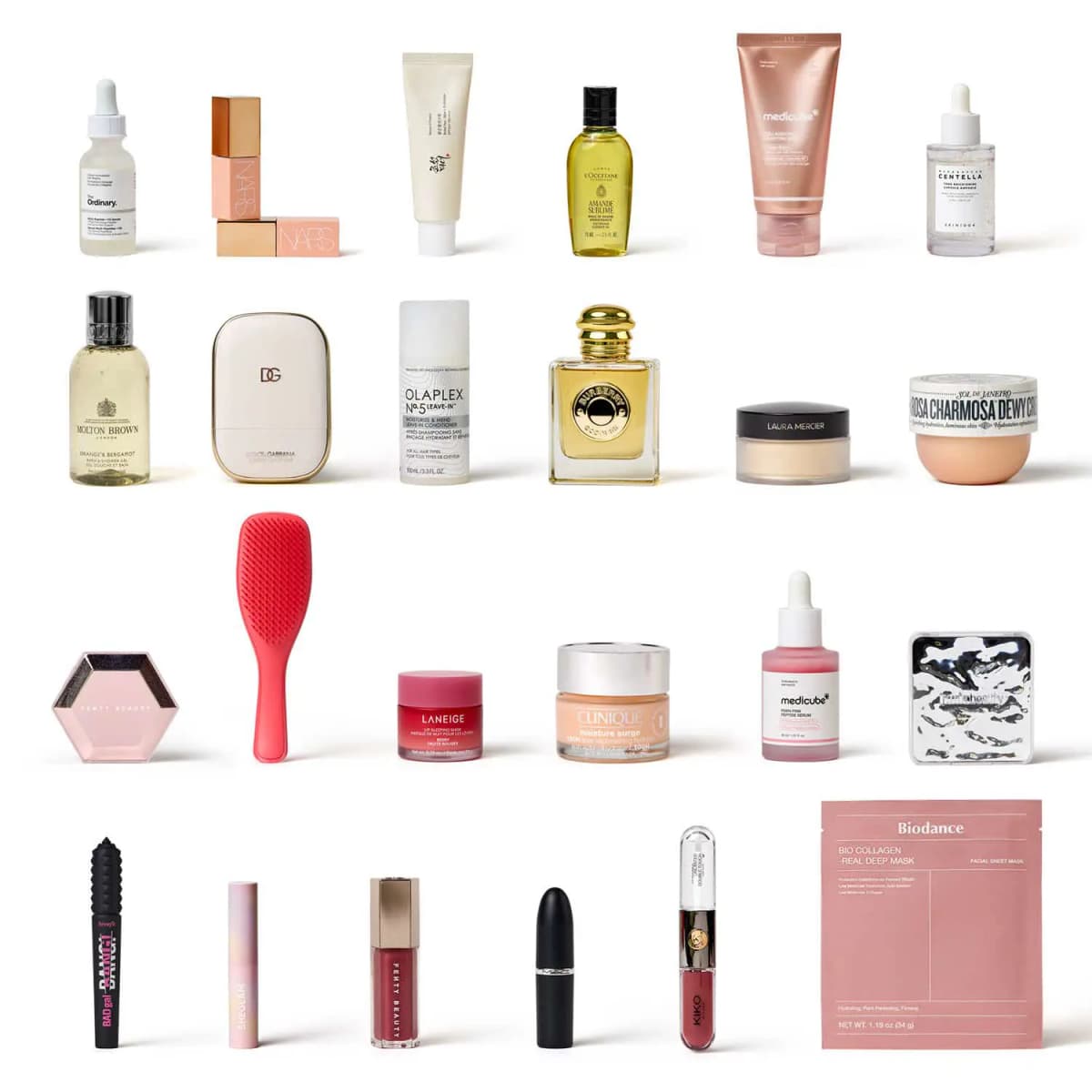Grid of the 24 products incl. The Ordinary, NARS, Olaplex, Burberry, Laneige, Clinique, Fenty Beauty and Biodance mask