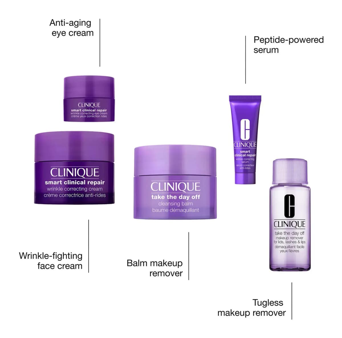 Purple Clinique Smart Clinical Repair eye cream, face cream and serum with Take The Day Off balm and makeup remover