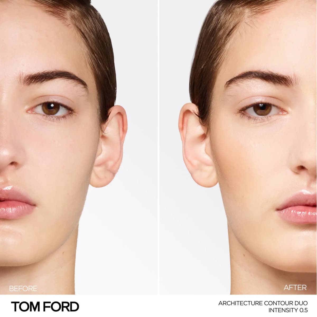 Before-and-after half faces of a fair-skinned model showing a softly sculpted look