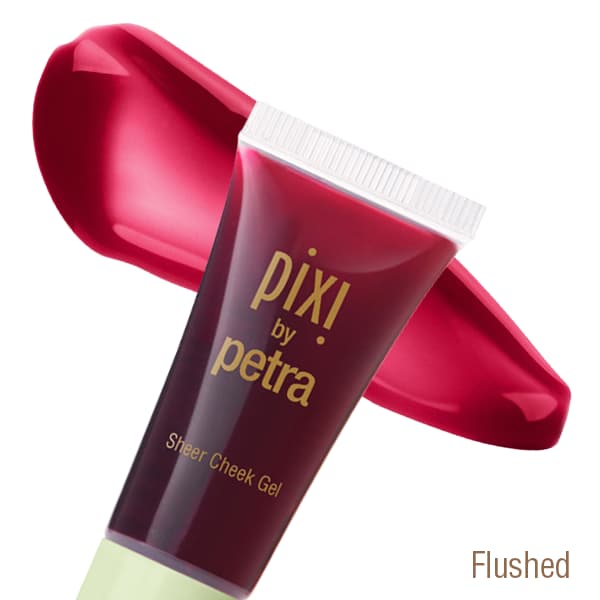 Pixi by Petra Sheer Cheek Gel in Flushed, a berry tube with a glossy deep pink-red swatch