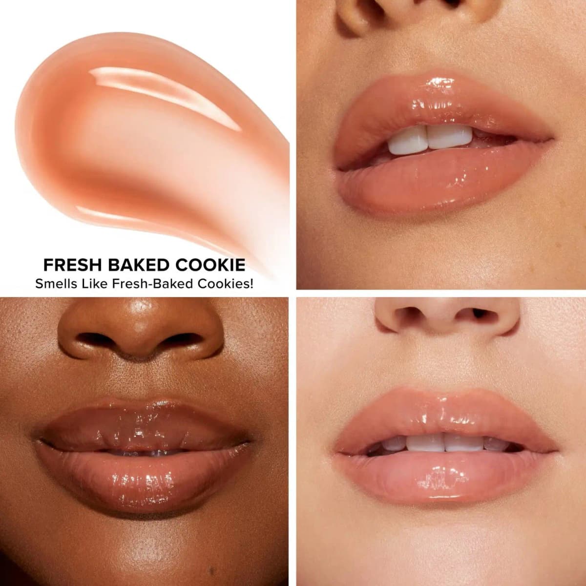 Fresh Baked Cookie peachy nude swatch with glossy peach lips shown on three different skin tones