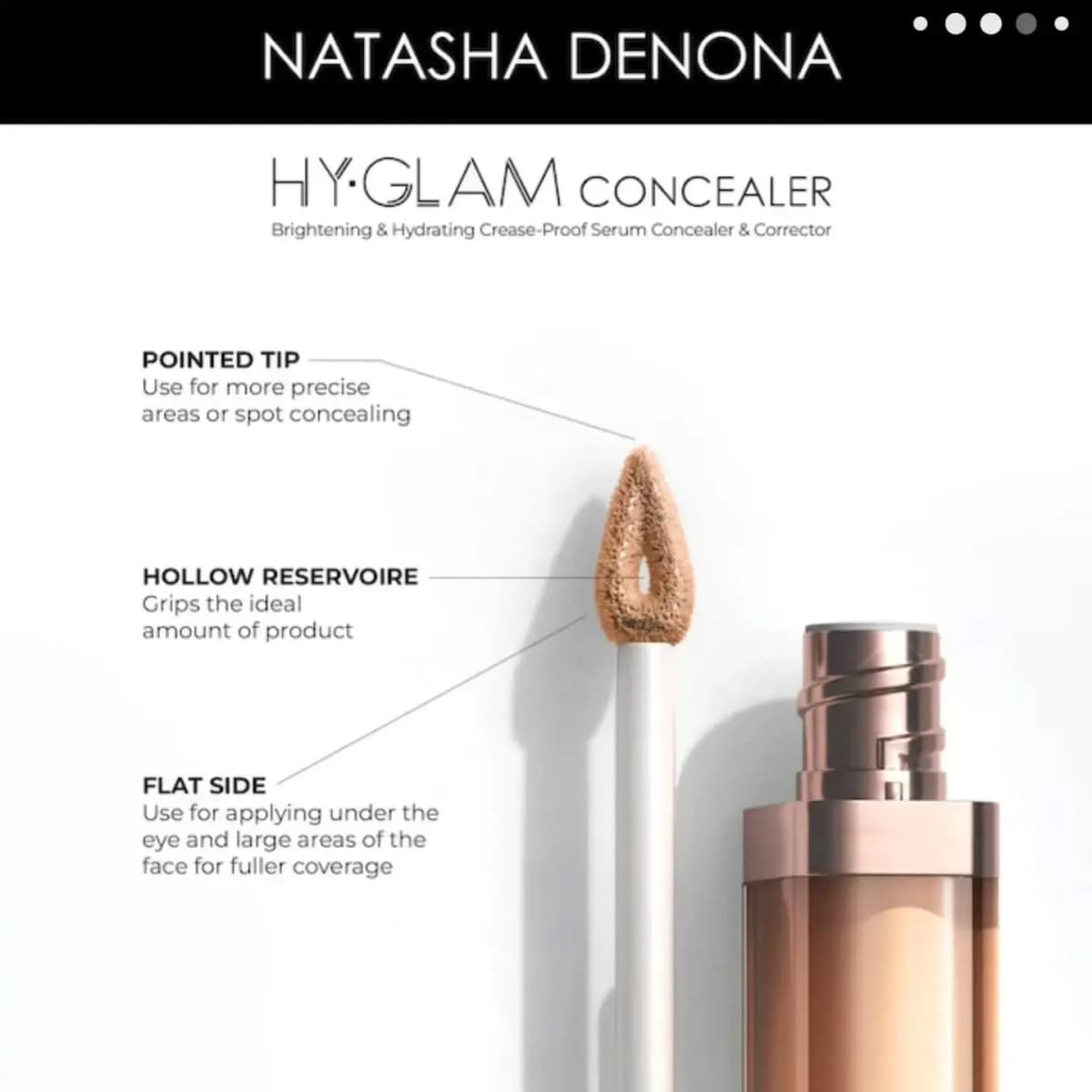 Labeled applicator close-up showing the pointed tip, hollow reservoir and flat side beside a rose-gold tube neck.