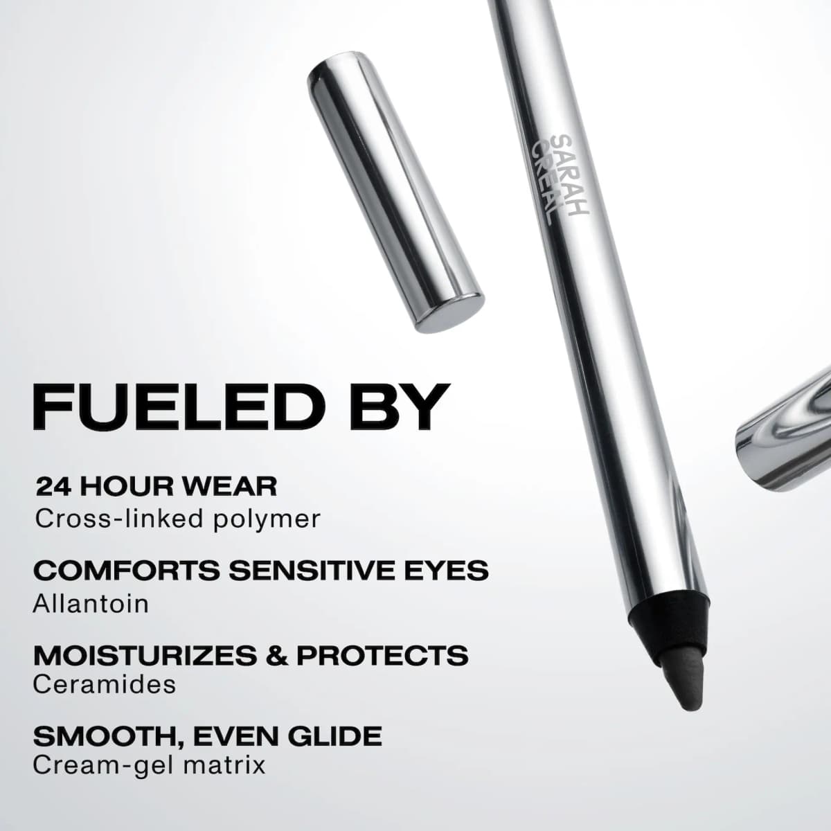 Silver Sarah Creal pencil with charcoal tip and cap, listing 24 hour wear, allantoin, ceramides and cream-gel glide