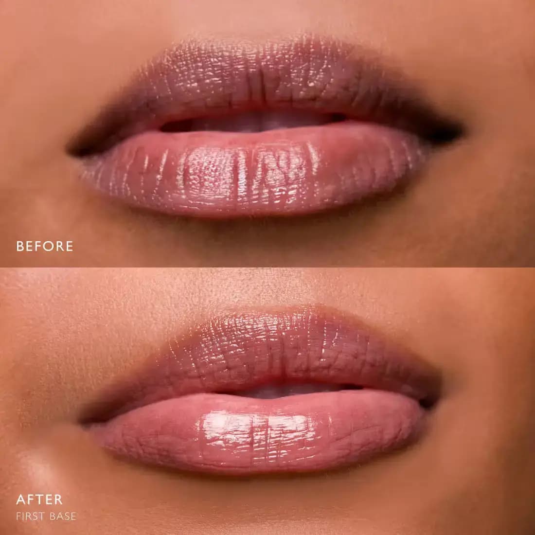 Before and after of medium-toned lips gaining a sheer glossy mauve tint from First Base
