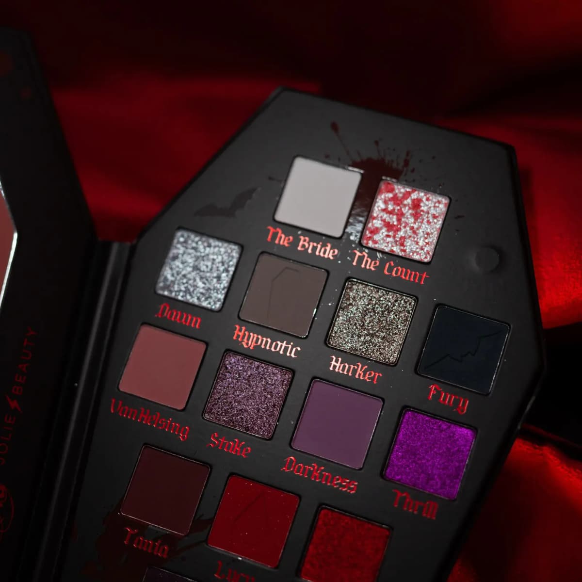 Angled close-up of shades The Bride, The Count, Dawn, Hypnotic, Harker and Fury with red gothic labels