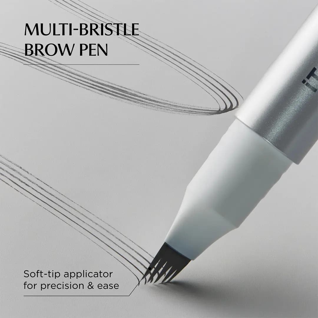 Close-up of the multi-bristle brow pen tip drawing fine grey hair-like lines, labelled soft-tip applicator for precision.