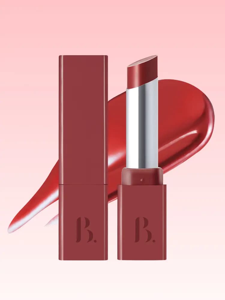Brick red square lipstick case beside an open deep red bullet with a glossy red swatch