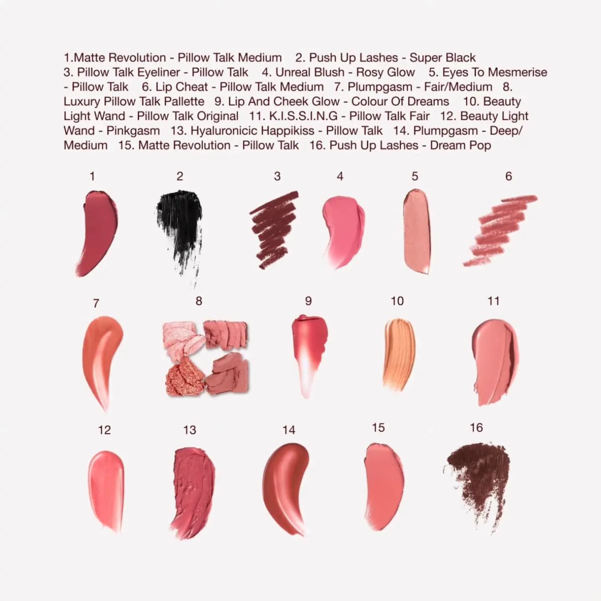 Numbered swatch chart showing 16 shades of lip, cheek, eye and mascara products in pinks, nudes, corals, berries and black.