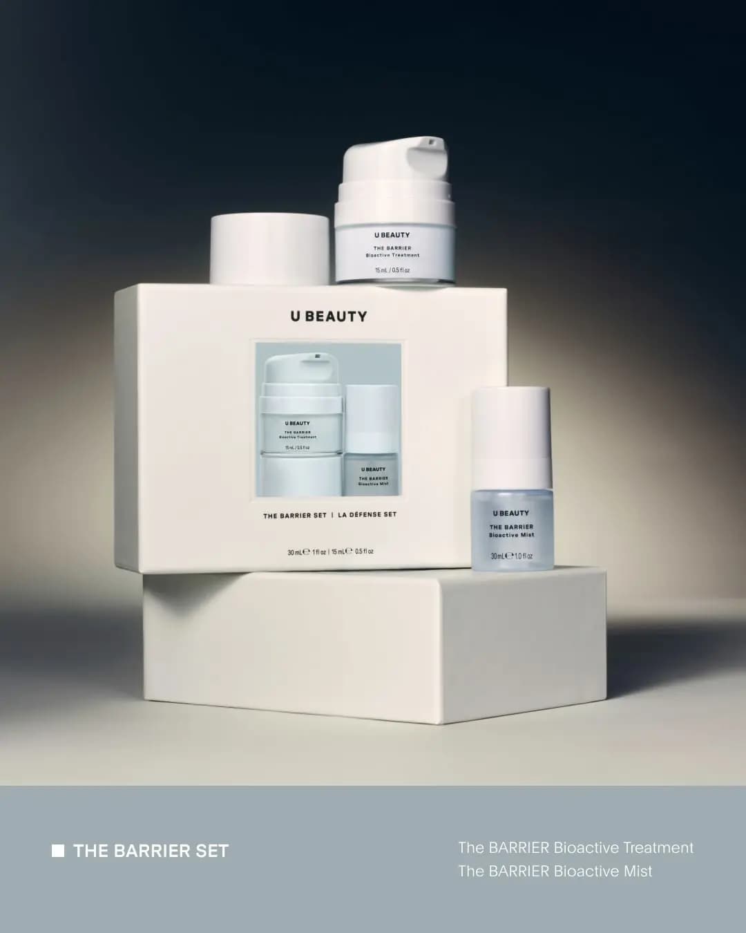 U Beauty Barrier Set box with pale blue Bioactive Treatment jar and Bioactive Mist bottle on stacked white blocks