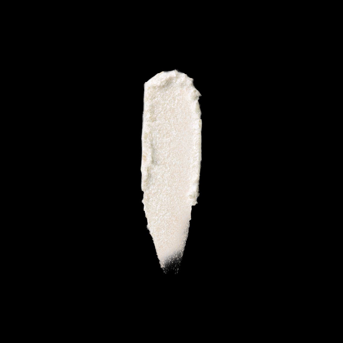 Iridescent white-silver glitter swatch smeared vertically on a white background.