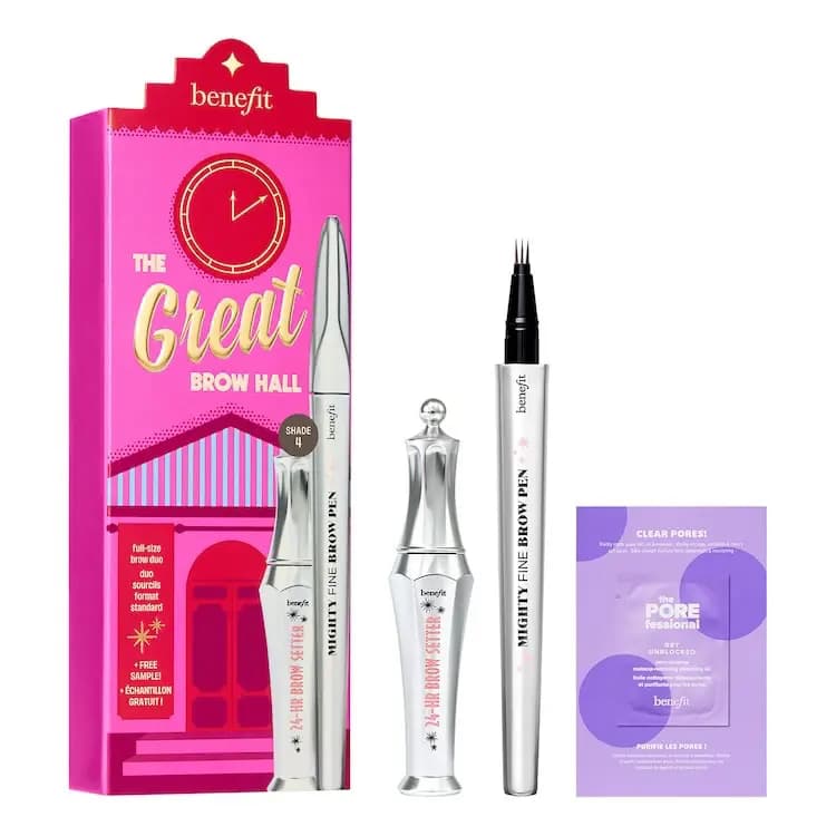 Benefit The Great Brow Hall pink clock-tower box with Mighty Fine Brow Pen, 24-HR Brow Setter and Get Unblocked sachet