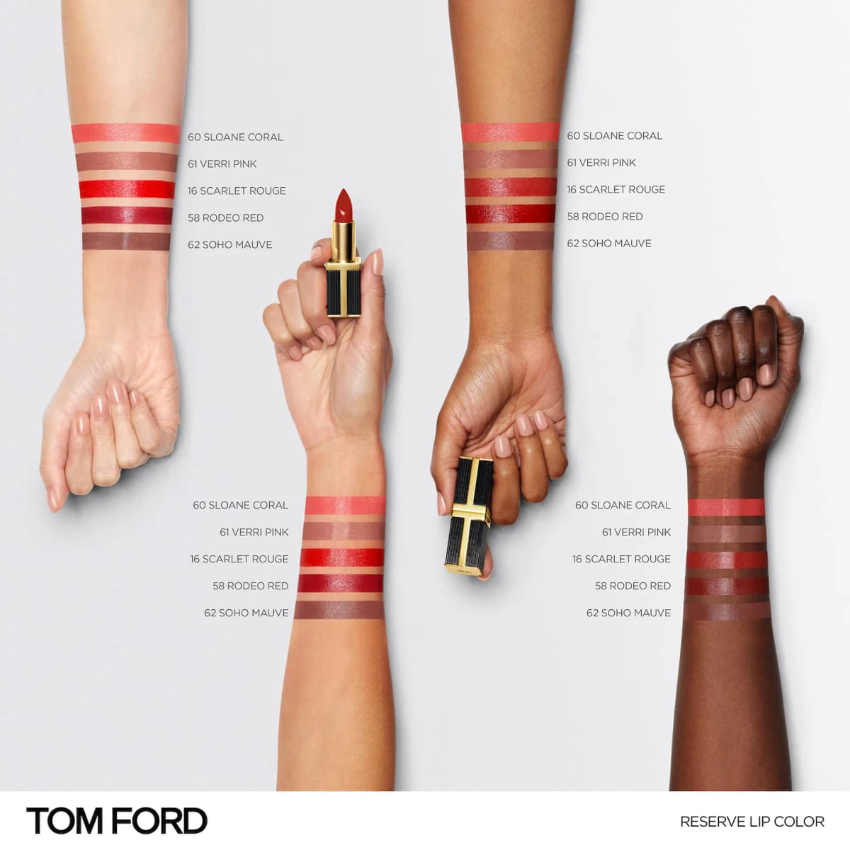 Reserve Lip Color swatches on four skin tones: Sloane Coral, Verri Pink, Scarlet Rouge, Rodeo Red and Soho Mauve